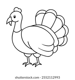 Simple black and white outline illustration of a turkey with a prominent tail