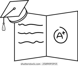 A simple black and white outline illustration of a graduation certificate with a mortarboard cap and an "A+" grade.