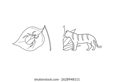Simples ilustração de contorno preto e branco de um tigre e besouro em ambiente natural
