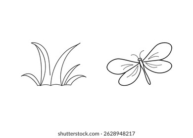 Simples ilustração de contorno preto e branco de uma libélula e elementos de grama