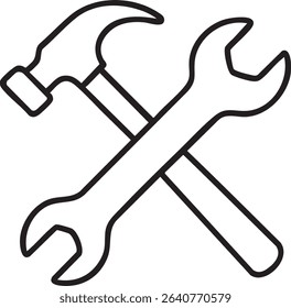 A simple black and white outline illustration featuring a hammer and a wrench crossed, representing tools and construction.