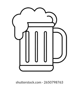 A simple black and white outline illustration of a beer mug filled with frothy foam. The mug has a handle and vertical lines on its body. The foam spills over the top of the mug.