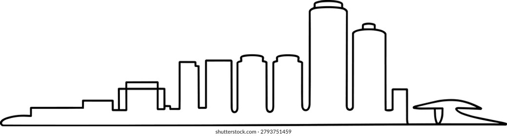A simple black and white outline illustration of the Kinshasa city skyline. The graphic features a silhouette of urban architecture with a prominent inscription of the city's.