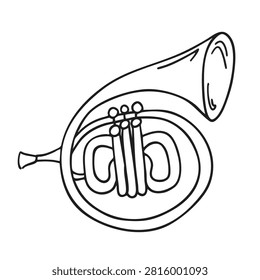 Simple black and white outline illustration of a french horn showing the brass instrument shape and valves
