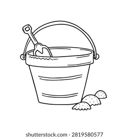 A simple black and white outline illustration of a beach sand bucket containing a small shovel, with piles of sand nearby.