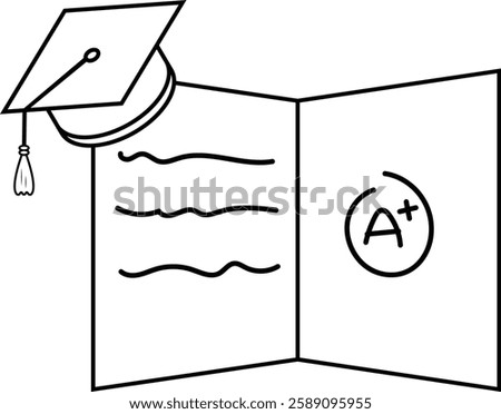 A simple black and white outline illustration of a graduation certificate with a mortarboard cap and an "A+" grade.