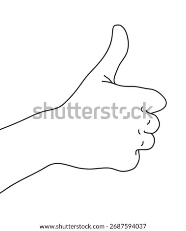 Simple black and white outline illustration of a hand giving a thumbs-up sign. This minimalist line art graphic is perfect for showing agreement, success, approval, or a positive review.