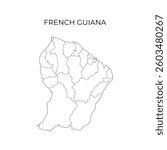 Simple black and white outline map of French Guiana, displaying its administrative divisions. Ideal for geography education, cartography, and study materials