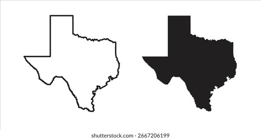 Einfache schwarz-weiße Umrisskarte von Texas. Perfekt für den pädagogischen oder infografischen Gebrauch. Einzeln auf weißem Hintergrund.