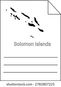 A simple black and white outline map of the Solomon Islands presented on a sheet of paper with lines for writing.