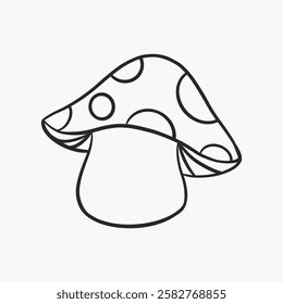 Simple black and white outline of a mushroom with a spotted cap. Mushroom drawing, spotted mushroom, and outline art. Perfect for coloring or design projects. Funky vector illustration.