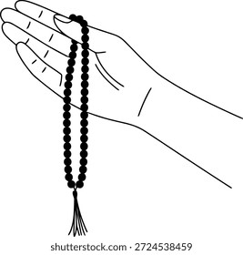 Simple black and white outline of an open hand holding religious prayer beads with a tassel, symbolizing devotion and spirituality.