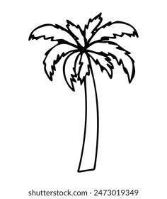 Simple black and white outline of a palm tree. Perfect for tropical and summer-themed designs, nature illustrations, and vacation graphics. Minimalistic and hand-drawn style vector illustration