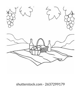 Simple black and white outline of a picnic scene with food and wine in nature
