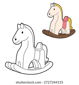 Simple contorno blanco y negro más un juguete de caballo de referencia de color. Hoja de trabajo educativa, actividad para colorear para niños, Ilustración vectorial imprimible.