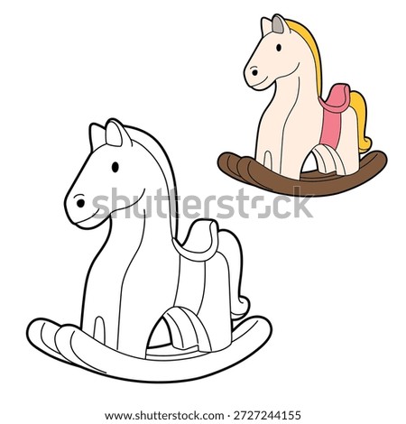 Simple black and white outline plus a coloured reference horse toy . Educational worksheet, kids colouring activity, printable vector illustration.
