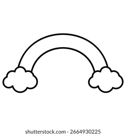 Simple contorno blanco y negro de un arco iris con dos nubes en cada extremo. Diseño minimalista ideal para colorear páginas, materiales para niños o gráficos con temas de Clima.