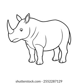 Simple black and white outline of a rhinoceros, showcasing its distinctive horn and sturdy build, drawn in a cartoon style