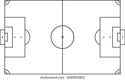 Simple black and white outline of a soccer field with center circle and goal boxes silhouette