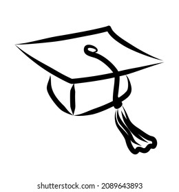 Simple black and white outline square academic cap icon. Hand-drawn graduation vector symbol