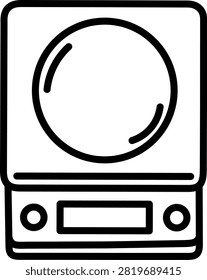 Simple black and white outline vector illustration of a digital coffee scale used for measuring coffee beans and precise pour-over brewing. Ideal for café menus, barista equipment guides, coffee shop branding, web icons, mobile app UI, and coloring pages.