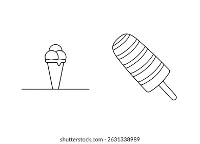 Simples preto e branco esboçado cone de sorvete e picolé para ilustração de doces de verão