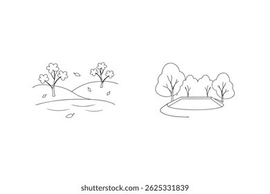 Simple Black And White Outlines Of Landscapes With Trees And Water