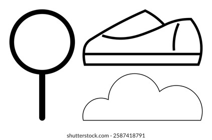 Simple black and white outlines of a lollipop, a low-top shoe, and a cloud. Ideal for educational materials, minimalist designs, infographics, kids projects, vector illustrations, branding