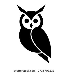 Simple black and white owl illustration, minimalist design, facing forward, wings folded, on a white background.