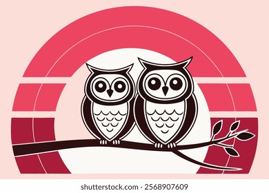 Simple Black and White Owl Perched on Branch Vector Illustration