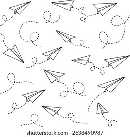 Simple black and white paper airplanes flying on a white background in a seamless pattern