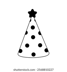 Simple black and white party hat with polka dots and a star on top