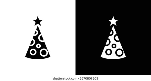 Simple black and white party hat icon with star and circle pattern, isolated on white and black backgrounds.