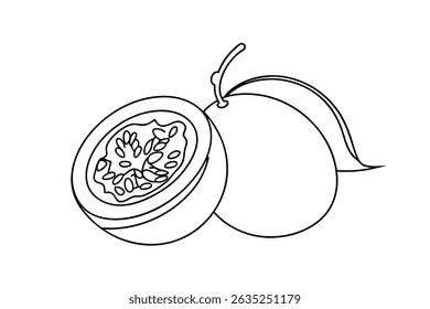 Simple black and white passion fruit vector illustration depicting one whole and a slice