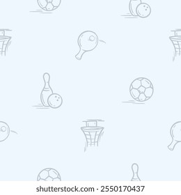 Simple black and white pattern of bowling, ping pong, soccer ball and basketball basket. Hand drawn vector background related to holidays, sports, leisure. Design for decoration, wrapping paper, print