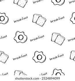 Simple black and white pattern with breakfast, scrambled eggs and toast. Vector background with food. Design of cafes, restaurants, menus. Design for wrapping paper