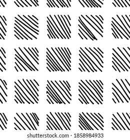 Simple black and white pattern. Handmade illustration, vector. .Squares, simple roses. Scandinavian style, wallpaper, fabric, textile design.