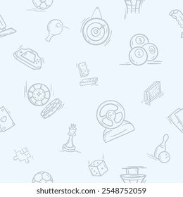 A simple black and white pattern with puzzle elements and dice, board and computer games. Hand drawn vector background with repeating elements. Design for decoration, wrapping paper, print