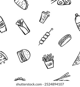 Simple black and white pattern with street fast food, burger, fries, kebab. Vector background with food. Design of cafes, restaurants, menus. Design for wrapping paper