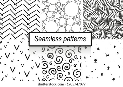Simple black and white patterns. Set of six seamless pattens. Check marks, stripes, curls, circles, bubbles, dots. Cute patterns.