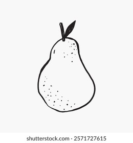 Simple black and white pear illustration. Minimalist pear sketch with a single leaf. Hand-drawn pear art, perfect for minimalist designs. Simple black line art doodle vector.