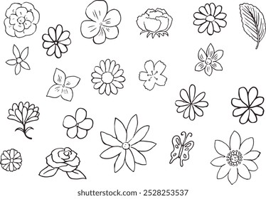 Simple black and white pen drawing illustrations of various types of flowers.