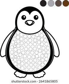 A simple black and white penguin outline with color palette and dot markers for coloring activity.