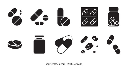 Simple Black and White Pharmacy Icons Set