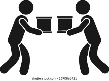 Simple black and white pictogram of two people, each carrying a box.