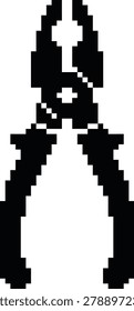 A simple black and white pixelated graphic depicting a pair of pliers, a common hand tool used for gripping and cutting.