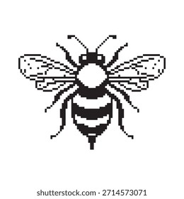 Una simple ilustración pixelada en blanco y negro de una abeja en vuelo