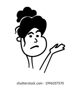 Simple black and white portrait of a confused young woman. Comic minimal icon with girl emotions. Feelings of dissatisfaction, surprise, suspicion. Funny cartoon face. Clipart for stickers design