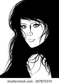 Simple black and white portrait of a girl with blue eyes.