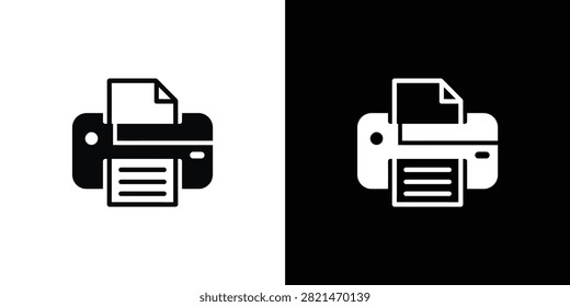 Simple black and white printer icon featuring a sheet of paper emerging from the top and control buttons on the front for office and tech presentations